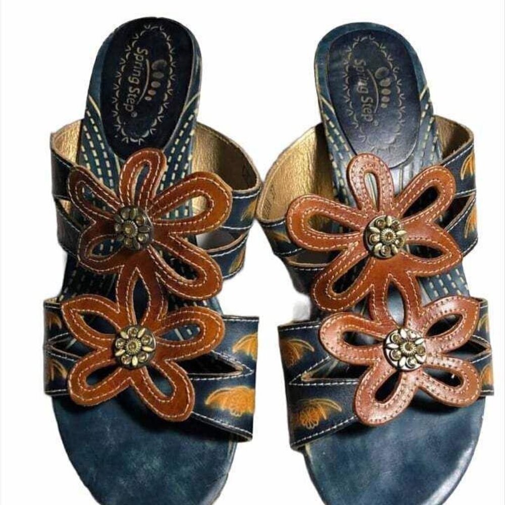 Spring Step CARLINA Leather Floral Heels Slides Sandals Women's Size 37 1027